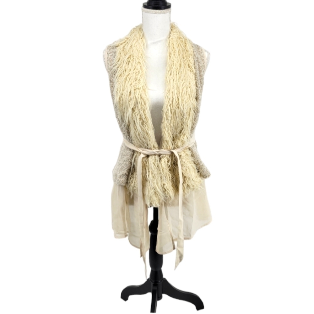 Double Zero Faux Fur Tweed Belted Vest‎ Size S